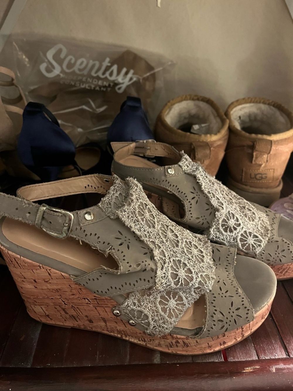 Call It Spring Taupe Lace-Accent Cork Wedge Sandals